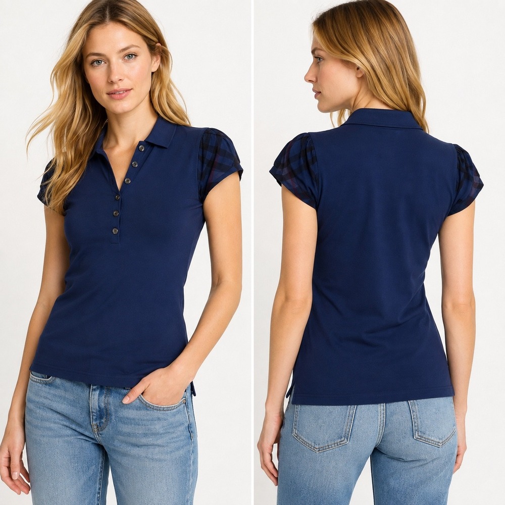 Burberry Brit Womens Navy Blue Tonal Nova Check Puff Sleeve Polo Shirt XS Sony🎬